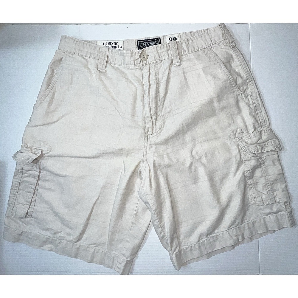 Champs Cargo Shorts‎ Men's 38 Light Khaki Grid Print Pockets Baggy Dadcore